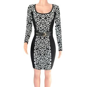 Carmen Marc Valvo Black & White Long Sleeve Knit Jersey Dress with Belt Sz Small
